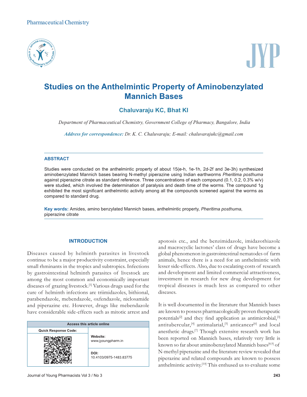 Studies on the Anthelmintic Property of Aminobenzylated Mannich Bases