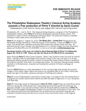 The Philadelphia Shakespeare Theatre's Classical Acting Academy