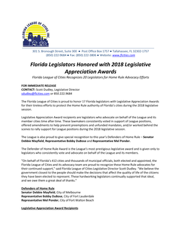 Florida Legislators Honored with 2018 Legislative Appreciation Awards Florida League of Cities Recognizes 20 Legislators for Home Rule Advocacy Efforts