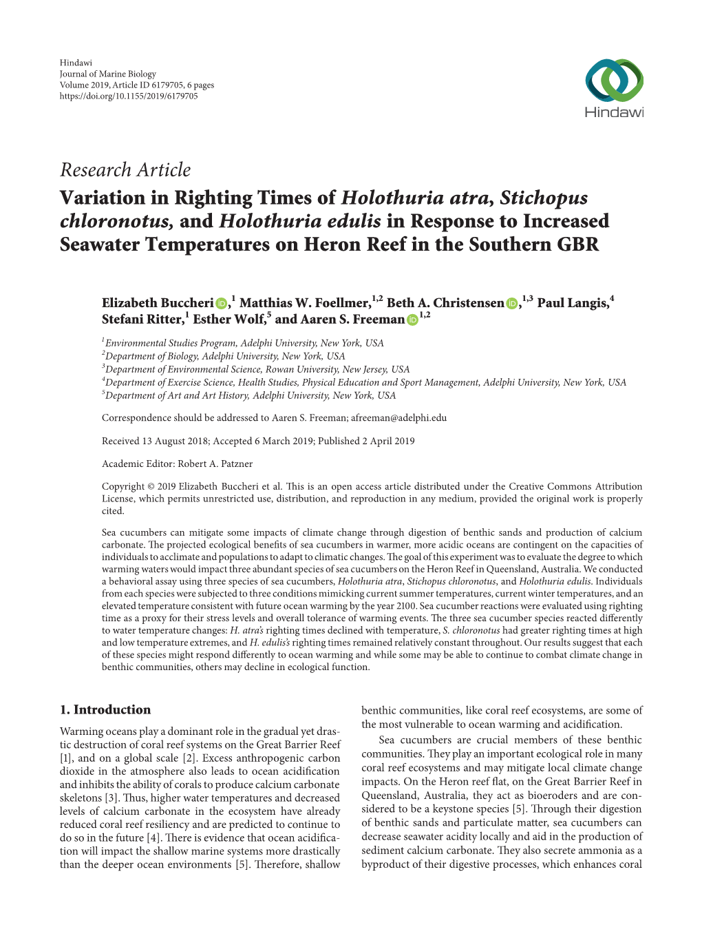 Research Article Variation in Righting Times of Holothuria Atra, Stichopus