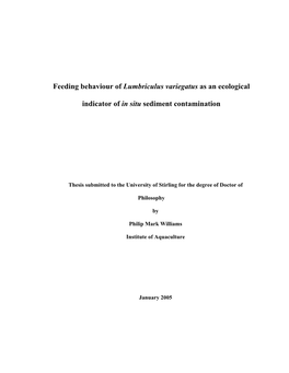 Feeding Behaviour of Lumbriculus Variegatus As an Ecological Indicator of in Situ Sediment Contamination