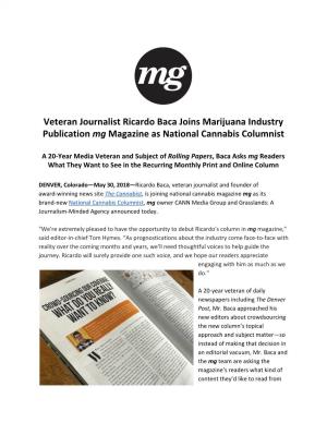 Veteran Journalist Ricardo Baca Joins Marijuana Industry Publication Mg Magazine As National Cannabis Columnist ​ ​