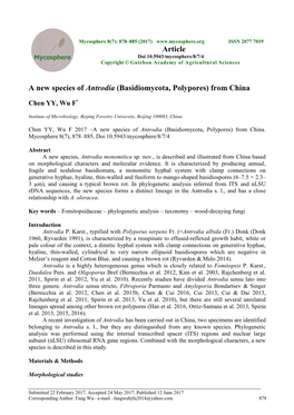 A New Species of Antrodia (Basidiomycota, Polypores) from China