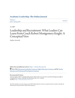 Leadership and Recruitment: What Leaders Can Learn from Coach Robert Montgomery Knight: a Conceptual View Stephen Anyamele