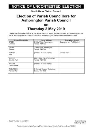 Notice of Uncontested Election Results 2019