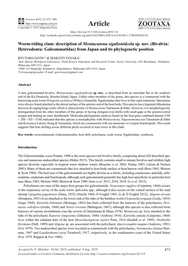 Worm-Riding Clam: Description of Montacutona Sigalionidcola Sp. Nov. (Bivalvia: Heterodonta: Galeommatidae) from Japan and Its Phylogenetic Position