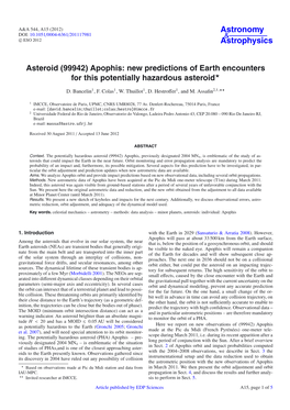 Asteroid \(99942\) Apophis: New Predictions of Earth Encounters For