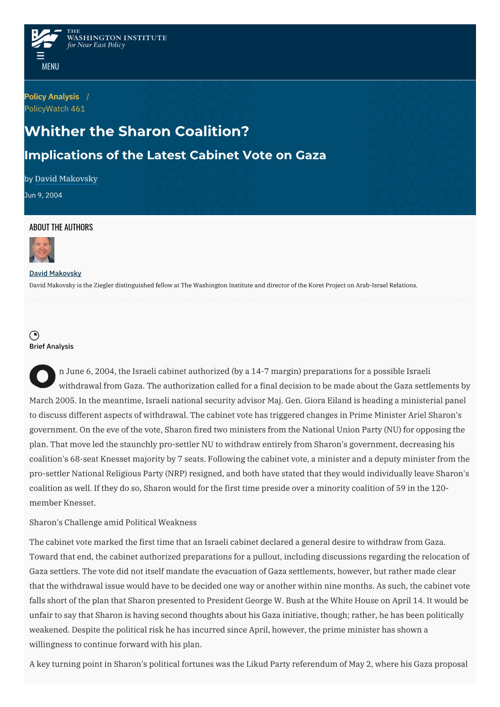 Whither the Sharon Coalition? Implications of the Latest Cabinet Vote on Gaza | the Washington Institute