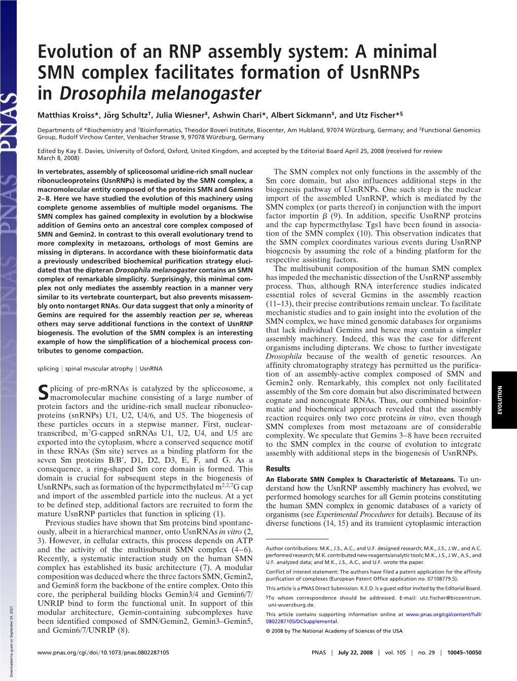A Minimal SMN Complex Facilitates Formation of Usnrnps in Drosophila Melanogaster