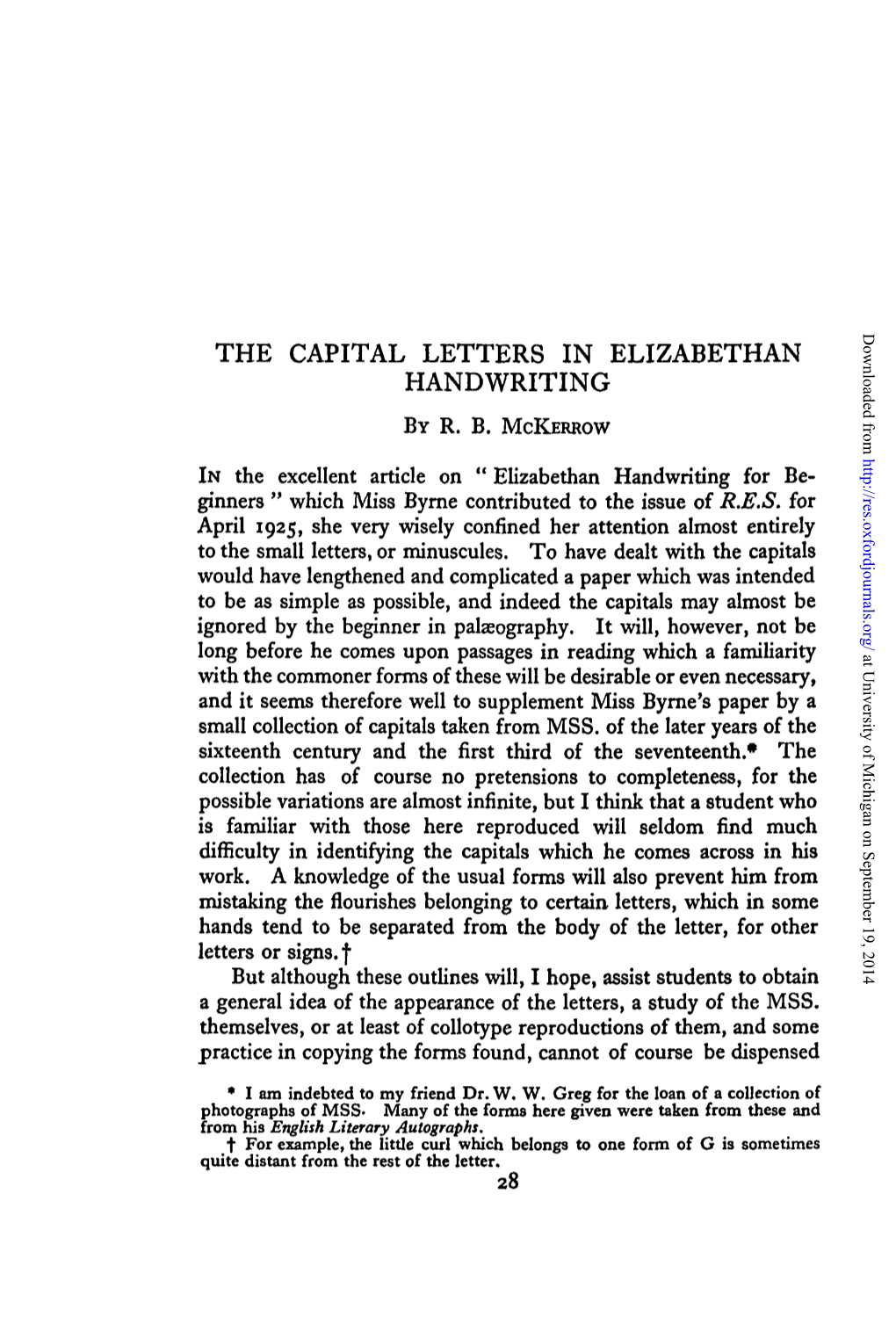 The Capital Letters in Elizabethan Handwriting