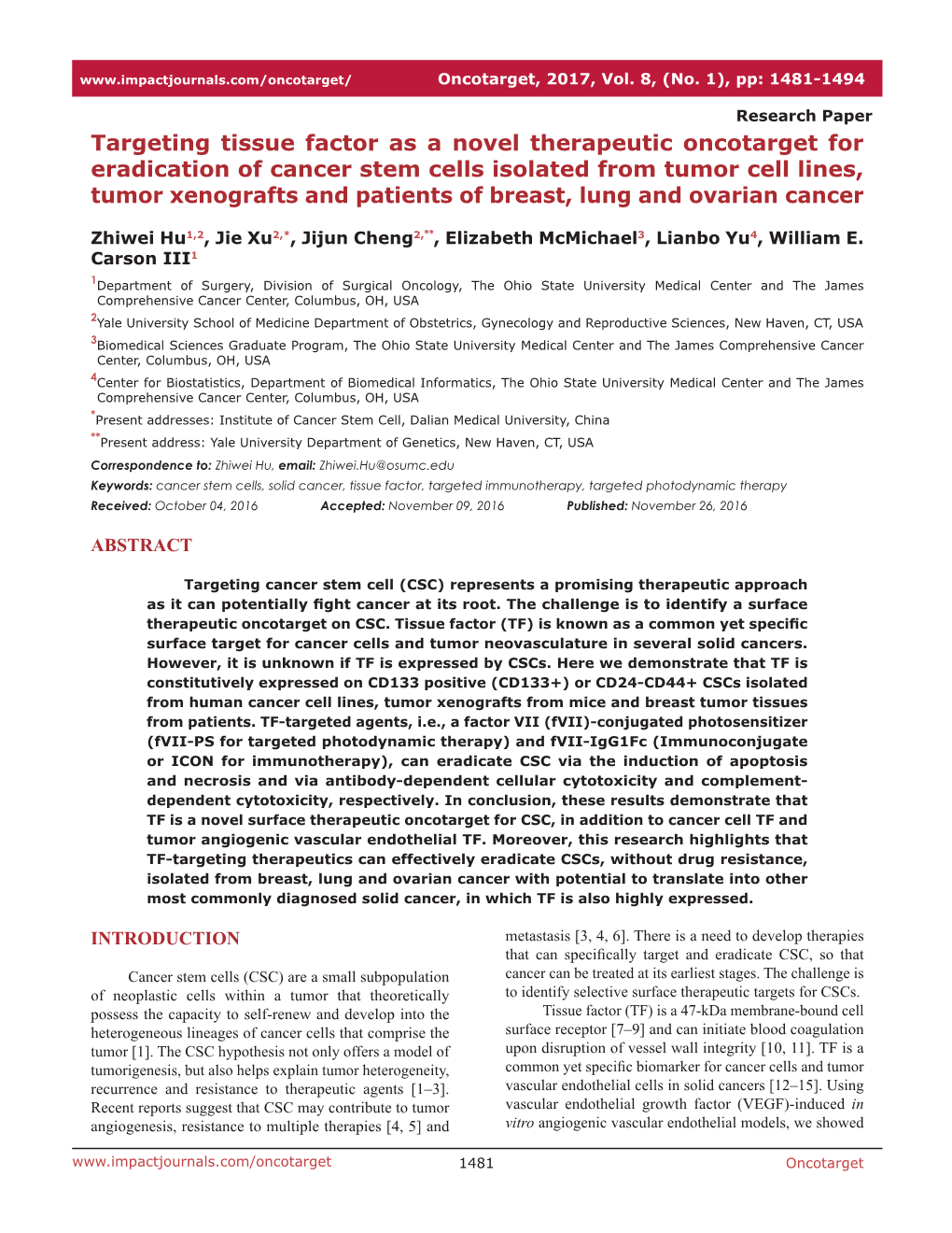 Targeting Tissue Factor As a Novel Therapeutic Oncotarget For