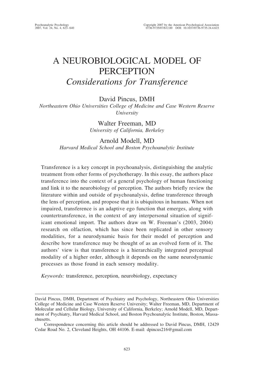 A NEUROBIOLOGICAL MODEL of PERCEPTION Considerations for Transference