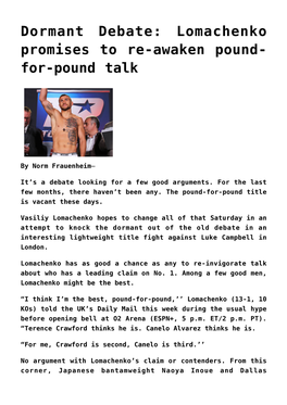 Lomachenko Promises to Re-Awaken Pound- For-Pound Talk