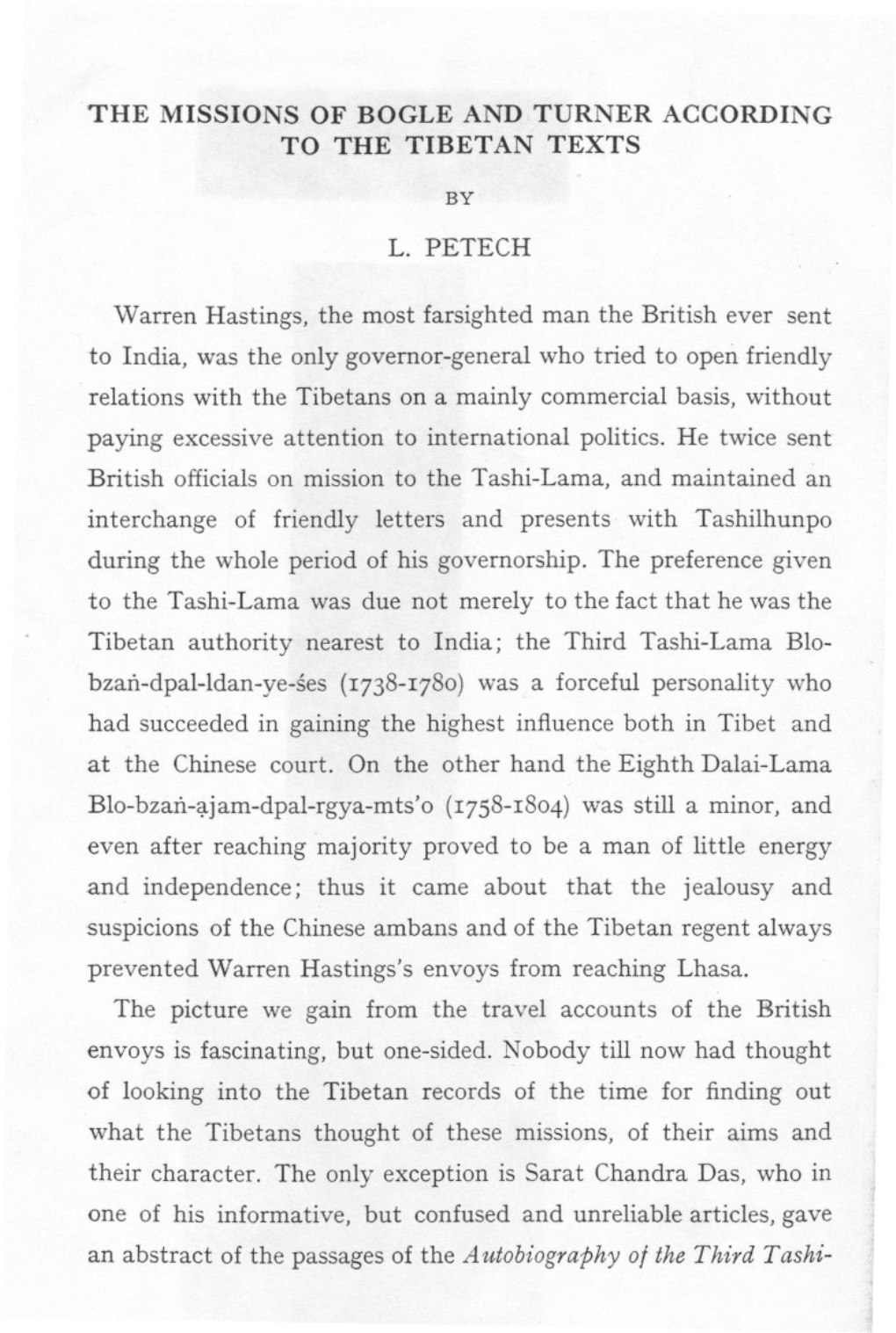 The Missions of Bogle and Turner According to the Tibetan Texts