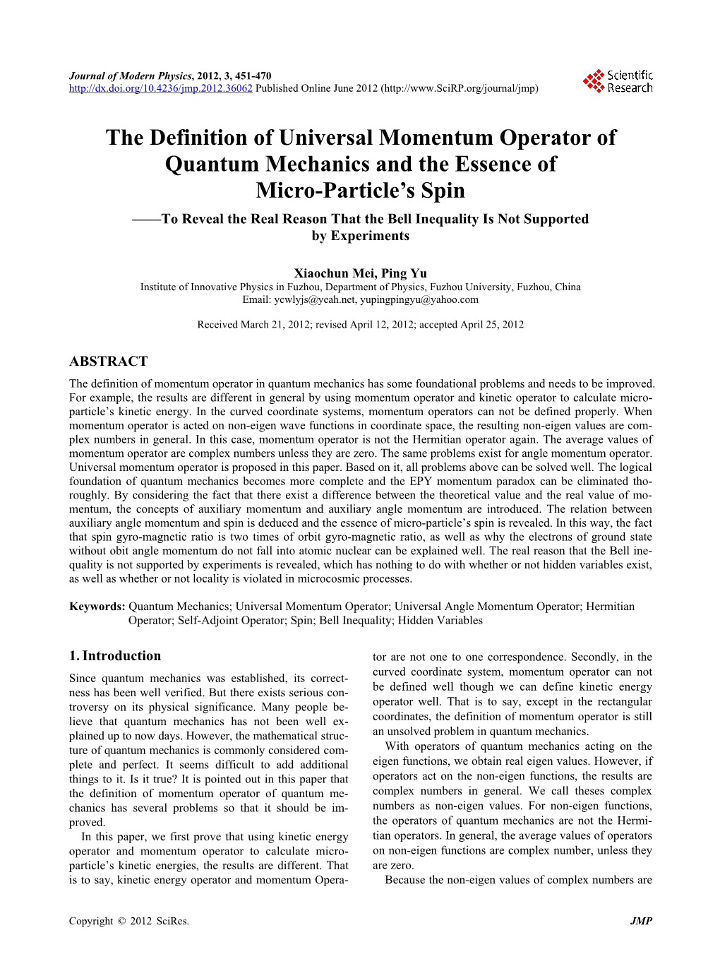 The Definition of Universal Momentum Operator of Quantum Mechanics