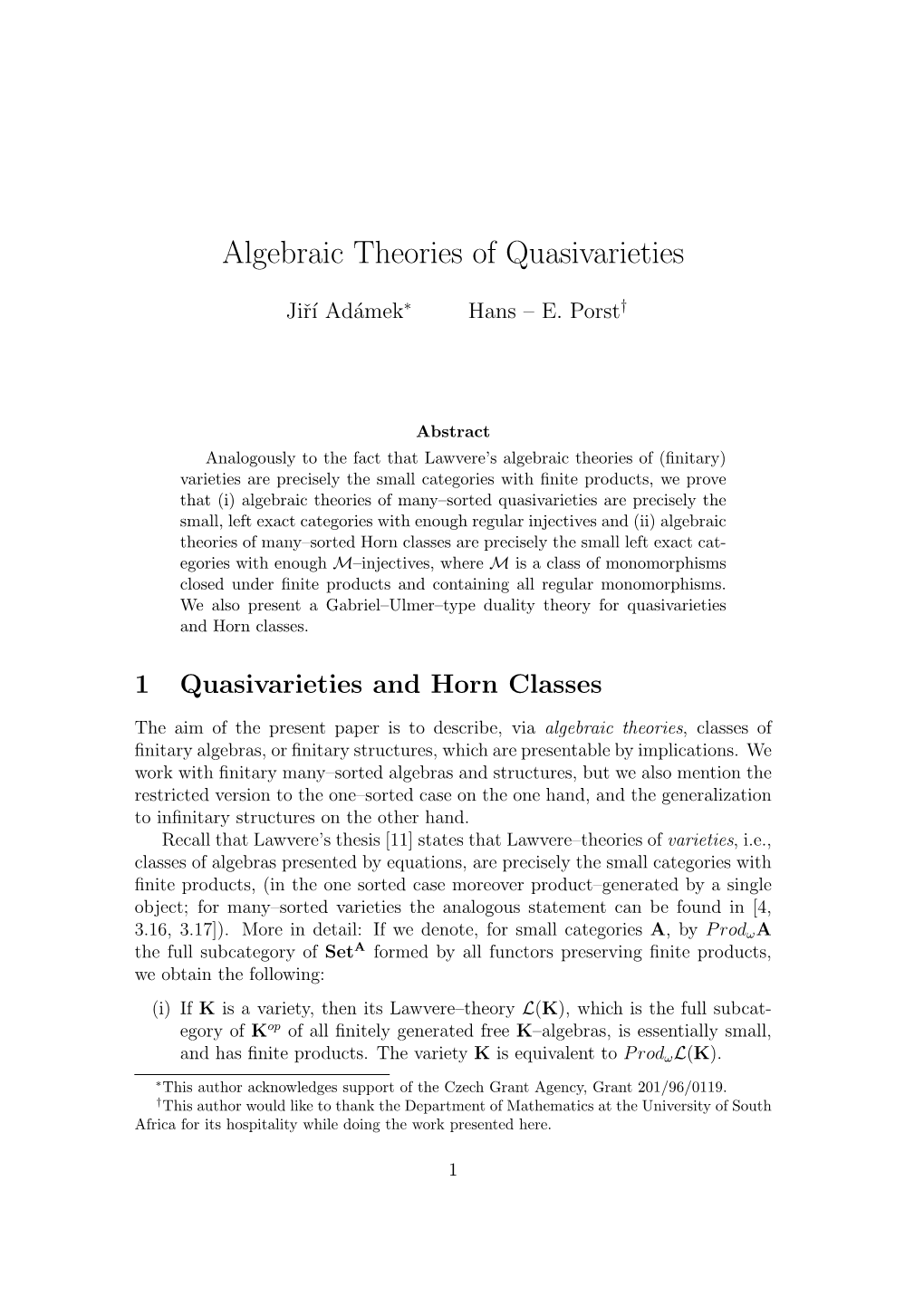 Algebraic Theories of Quasivarieties