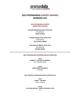2012 Promaxbda Europe Awards Winners List