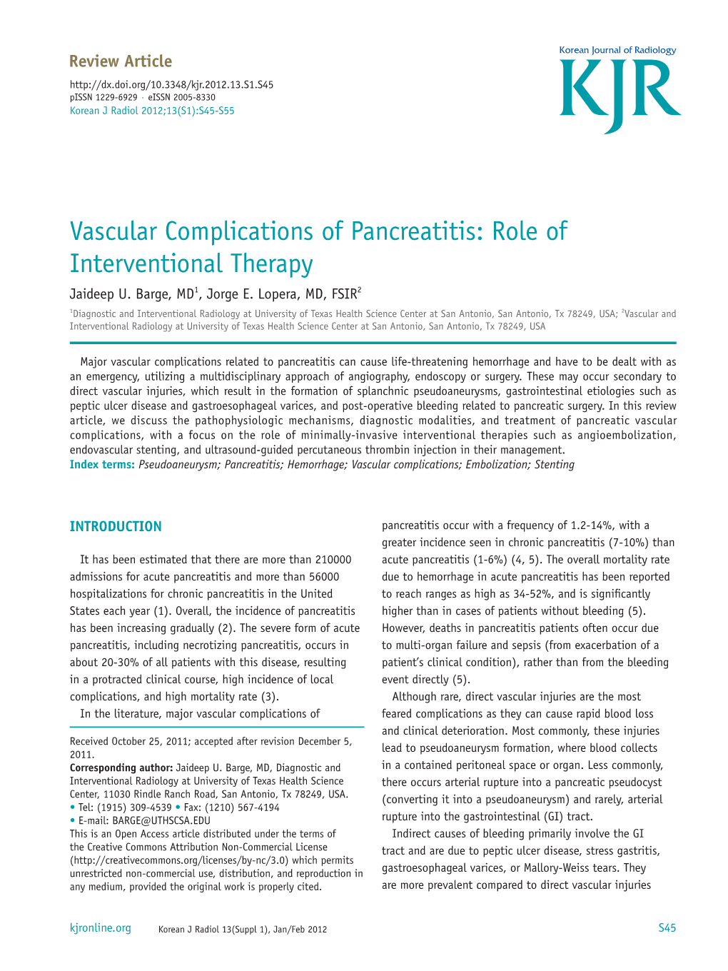 Vascular Complications of Pancreatitis: Role of Interventional Therapy Jaideep U