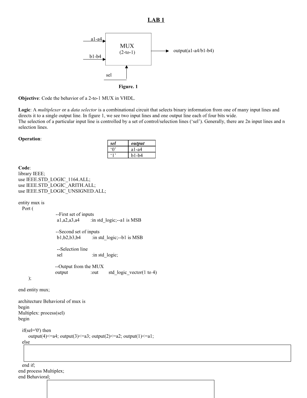 Objective: Code the Behavior of a 2-To-1 MUX in VHDL