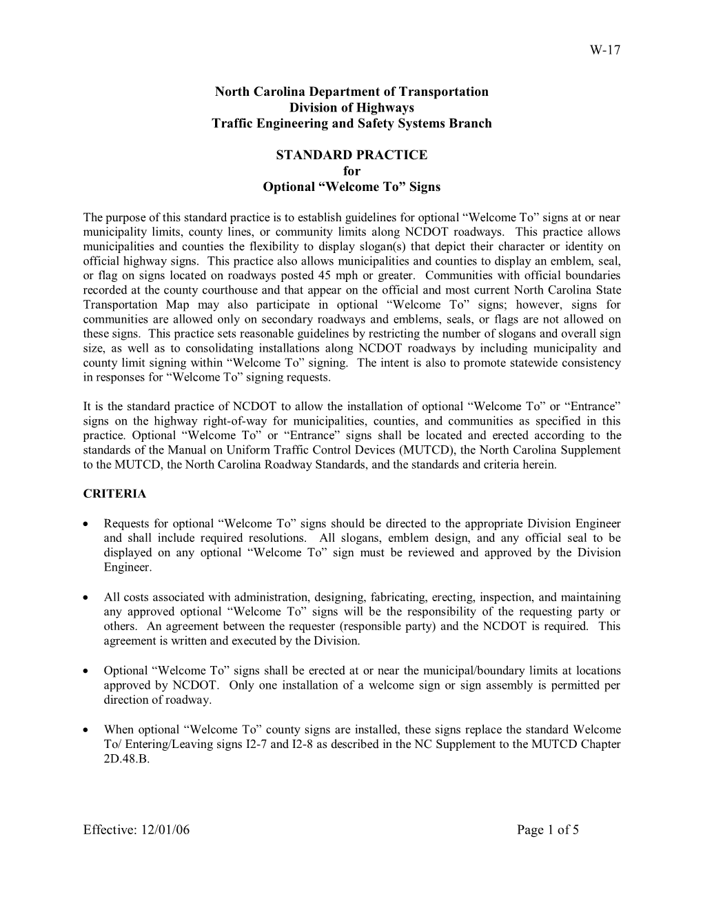 12/01/06 Page 1 of 5 North Carolina Department of Transportation