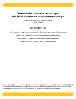 Commentaries on the Discussion Paper: Will SDG4 Achieve Environmental Sustainability?
