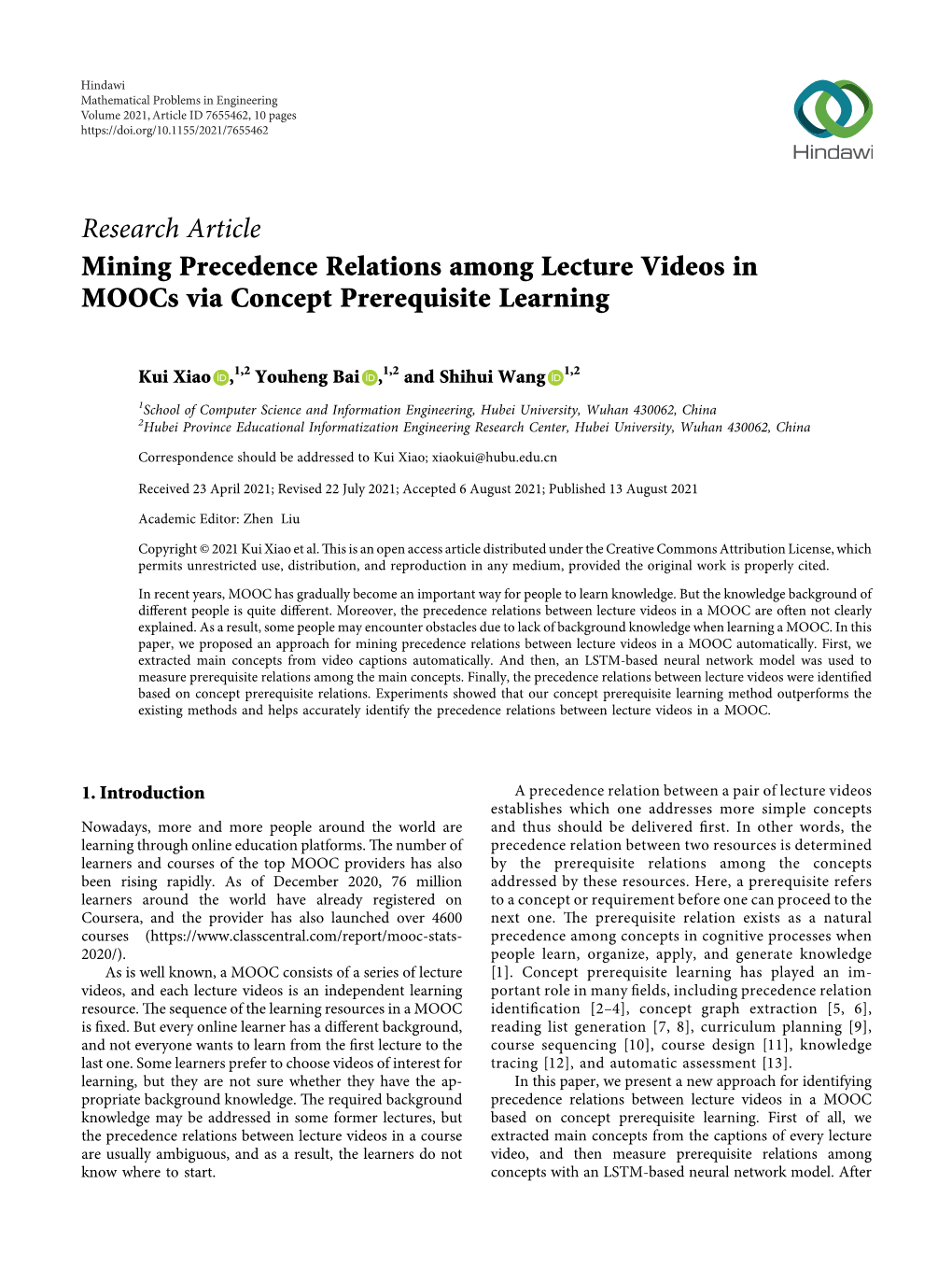 Research Article Mining Precedence Relations Among Lecture Videos in Moocs Via Concept Prerequisite Learning