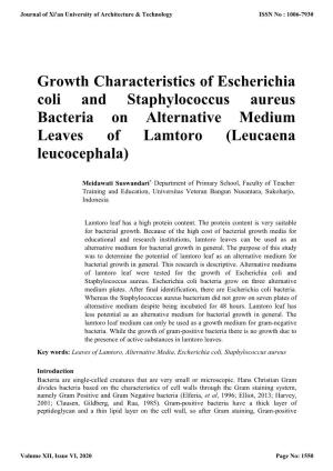 Growth Characteristics of Escherichia Coli and Staphylococcus Aureus Bacteria on Alternative Medium Leaves of Lamtoro (Leucaena Leucocephala)
