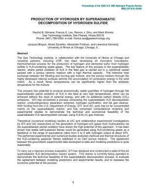 Production of Hydrogen by Superadiabatic Decomposition of Hydrogen Sulfide