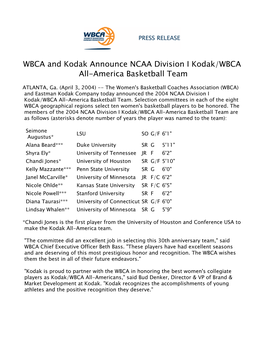 WBCA and Kodak Announce NCAA Division I Kodak/WBCA All-America Basketball Team