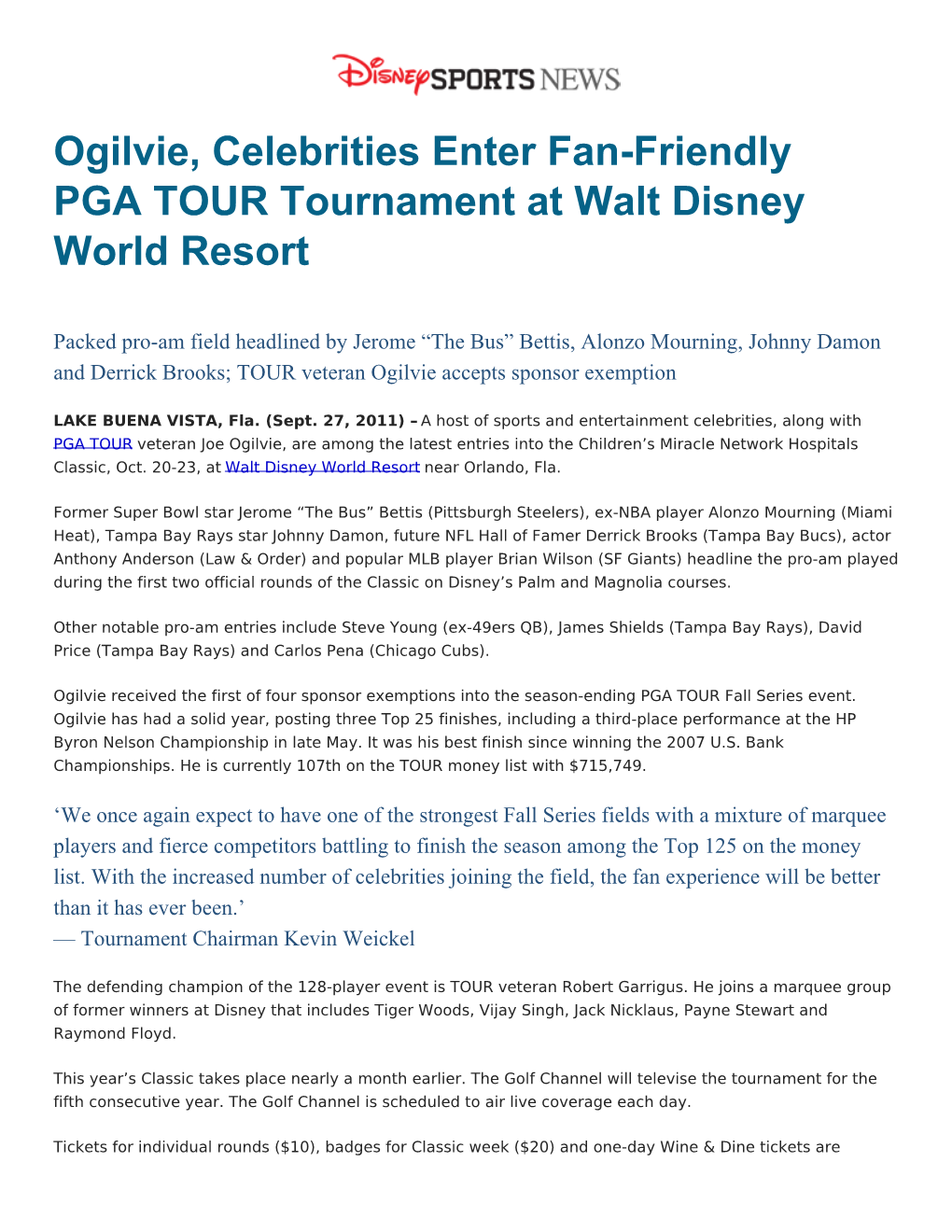 Ogilvie, Celebrities Enter Fan-Friendly PGA TOUR Tournament at Walt Disney World Resort