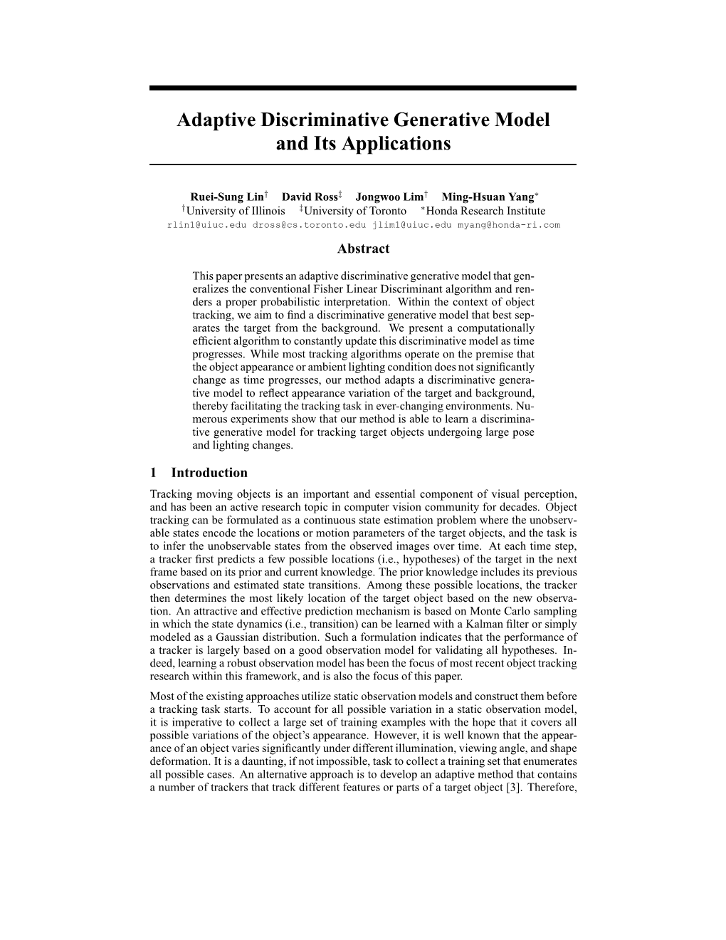 Adaptive Discriminative Generative Model and Its Applications
