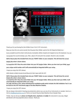 Thank You for Purchasing the Alan Wilder Emax II Vol-2 VST Instrument
