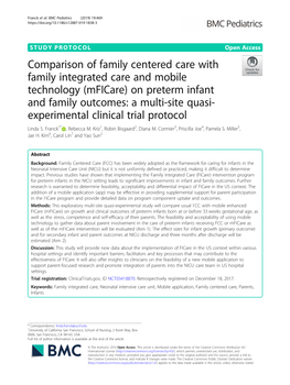 Comparison of Family Centered Care with Family Integrated Care and Mobile Technology (Mficare) on Preterm Infant and Family Outc
