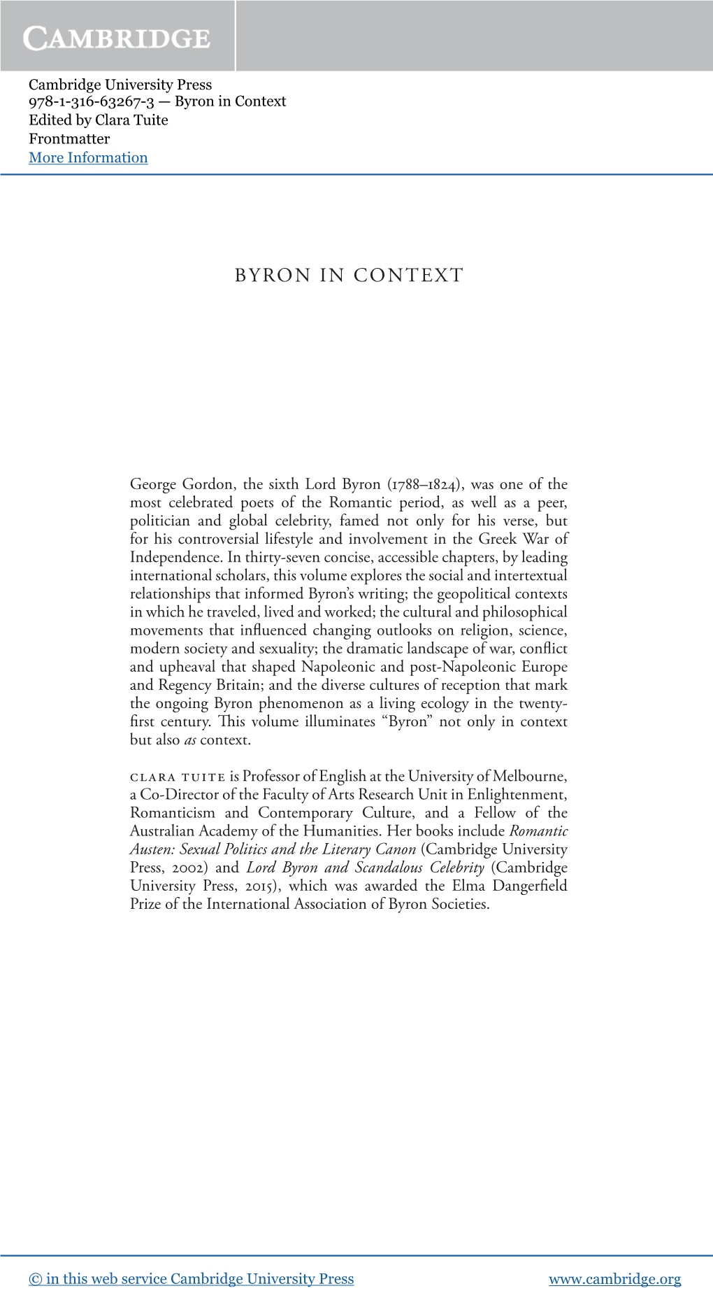 Byron in Context Edited by Clara Tuite Frontmatter More Information I