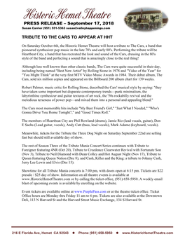Tribute to the Cars to Appear at Hht