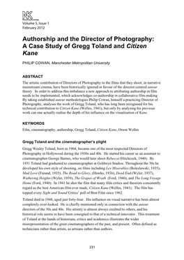 A Case Study of Gregg Toland and Citizen Kane