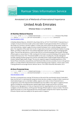 Annotated List of Wetlands of International Importance United Arab Emirates
