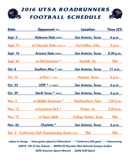 2016 Utsa Roadrunners Football Schedule