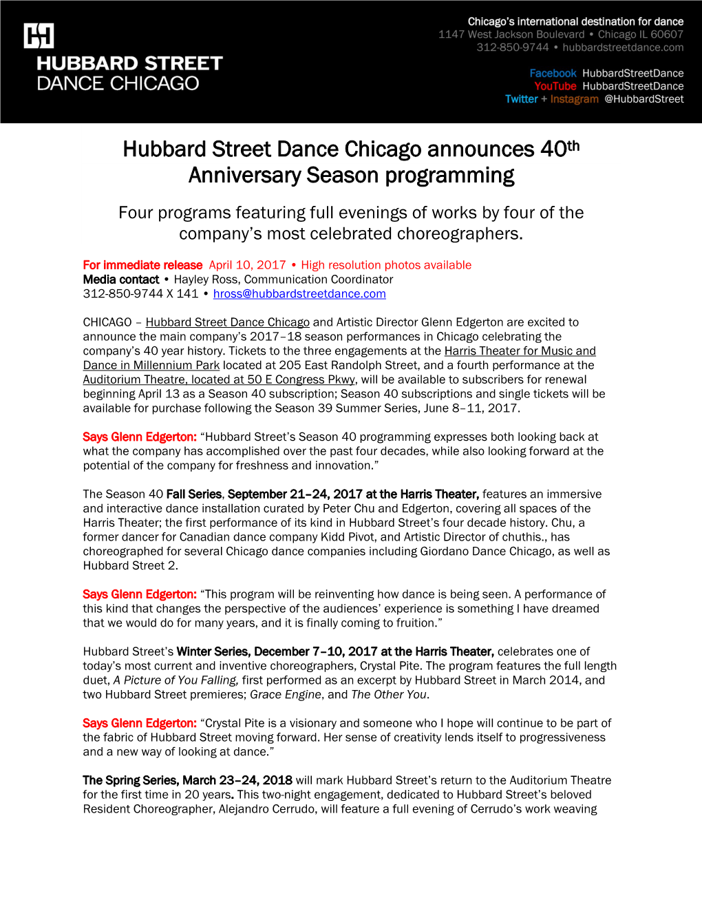 Hubbard Street Dance Chicago Announces 40Th Anniversary