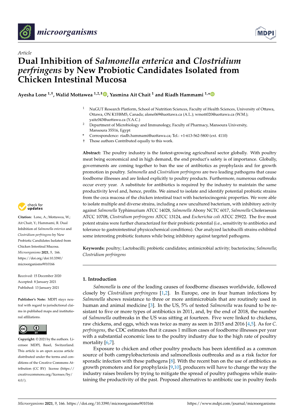 Dual Inhibition of Salmonella Enterica and Clostridium Perfringens by New Probiotic Candidates Isolated from Chicken Intestinal Mucosa