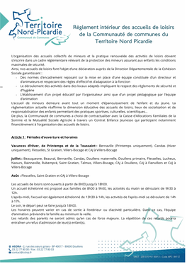 Règlement Intérieur Des Accueils De Loisirs De La Communauté De Communes Du Territoire Nord Picardie