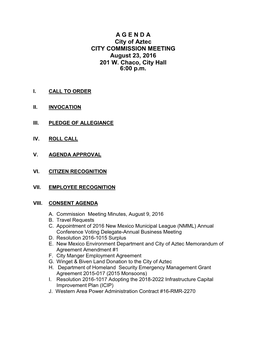 A G E N D a City of Aztec CITY COMMISSION MEETING August 23, 2016 201 W