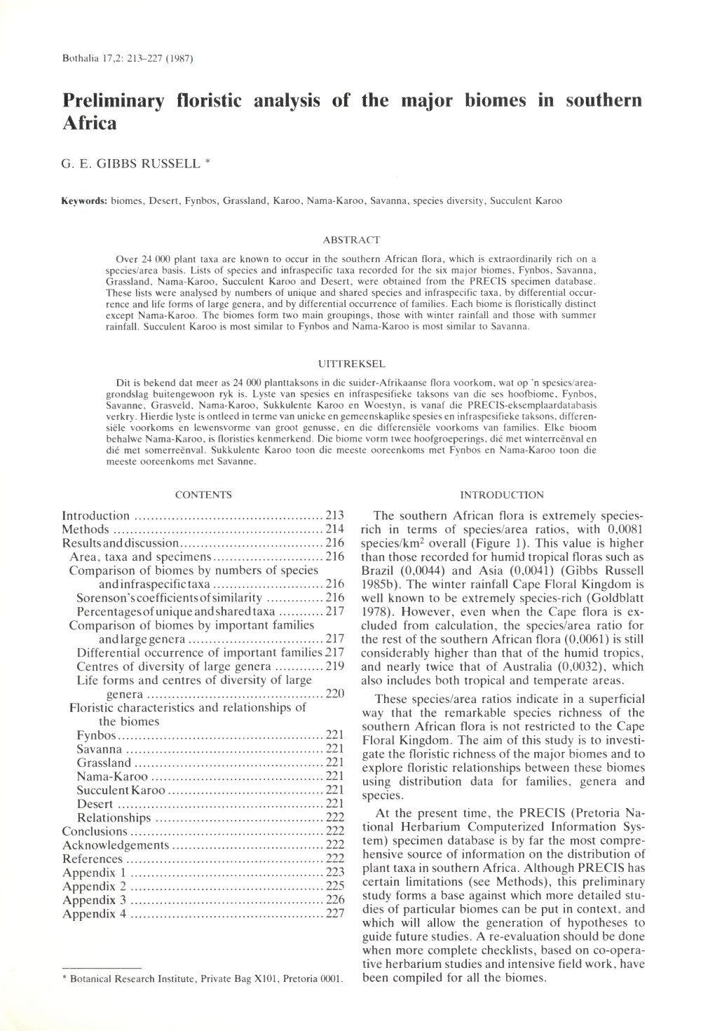 Preliminary Floristic Analysis of the Major Biomes in Southern Africa