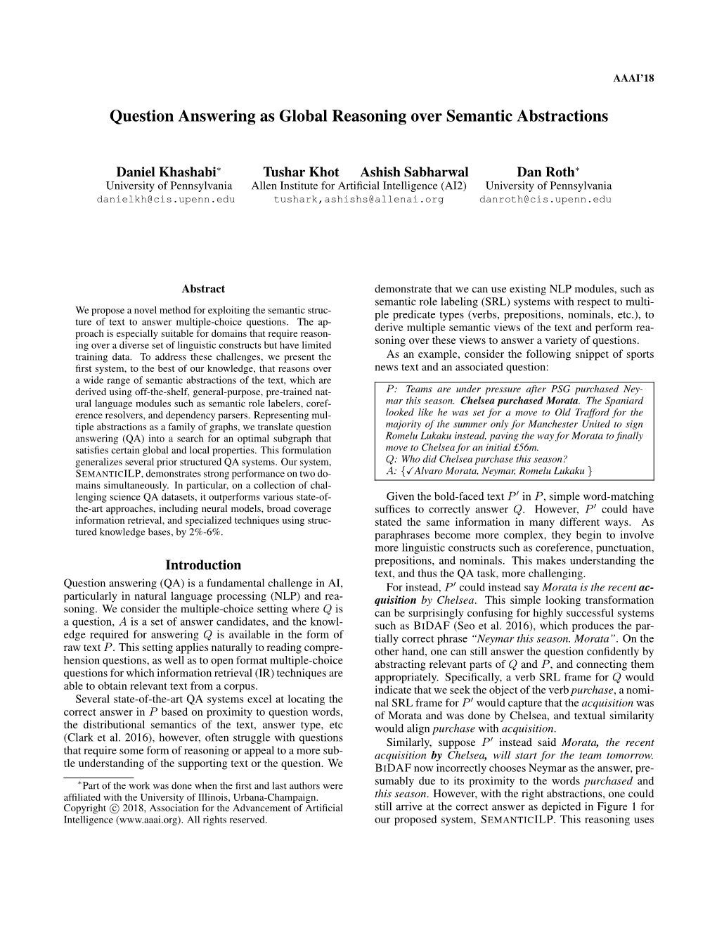 Question Answering As Global Reasoning Over Semantic Abstractions