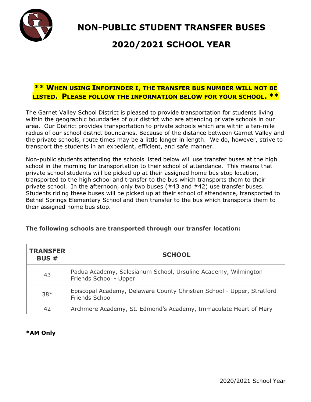 Non-Public Student Transfer Buses 2020/2021 School Year