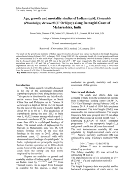 Age, Growth and Mortality Studies of Indian Squid, Uroteuthis (Photololigo) Duvauceli (D’ Orbigny) Along Ratnagiri Coast of Maharashtra, India