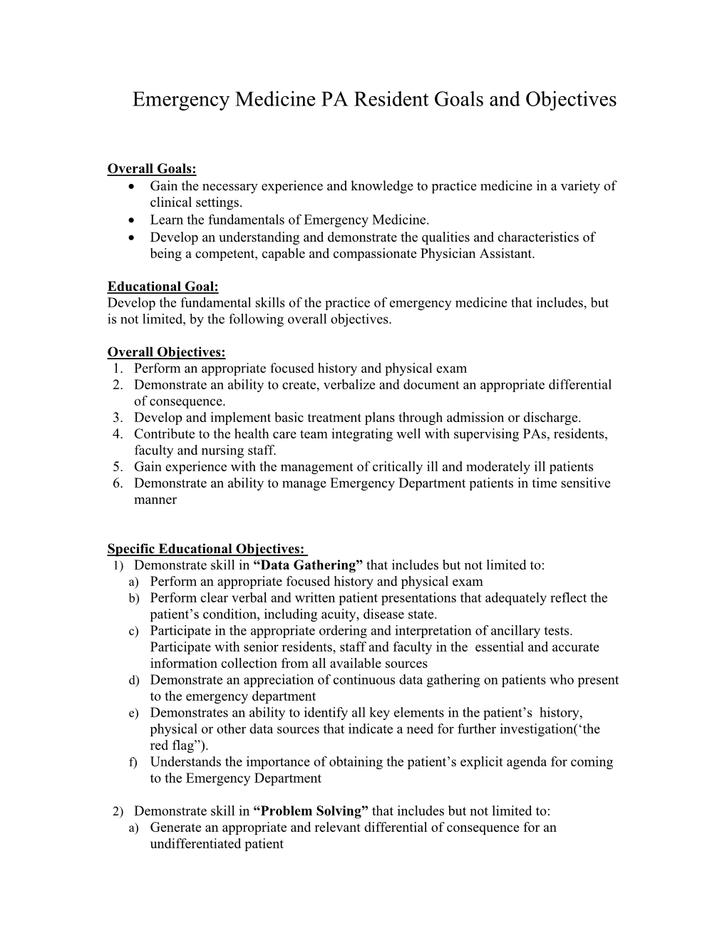 Emergency Medicine PA Resident Goals and Objectives