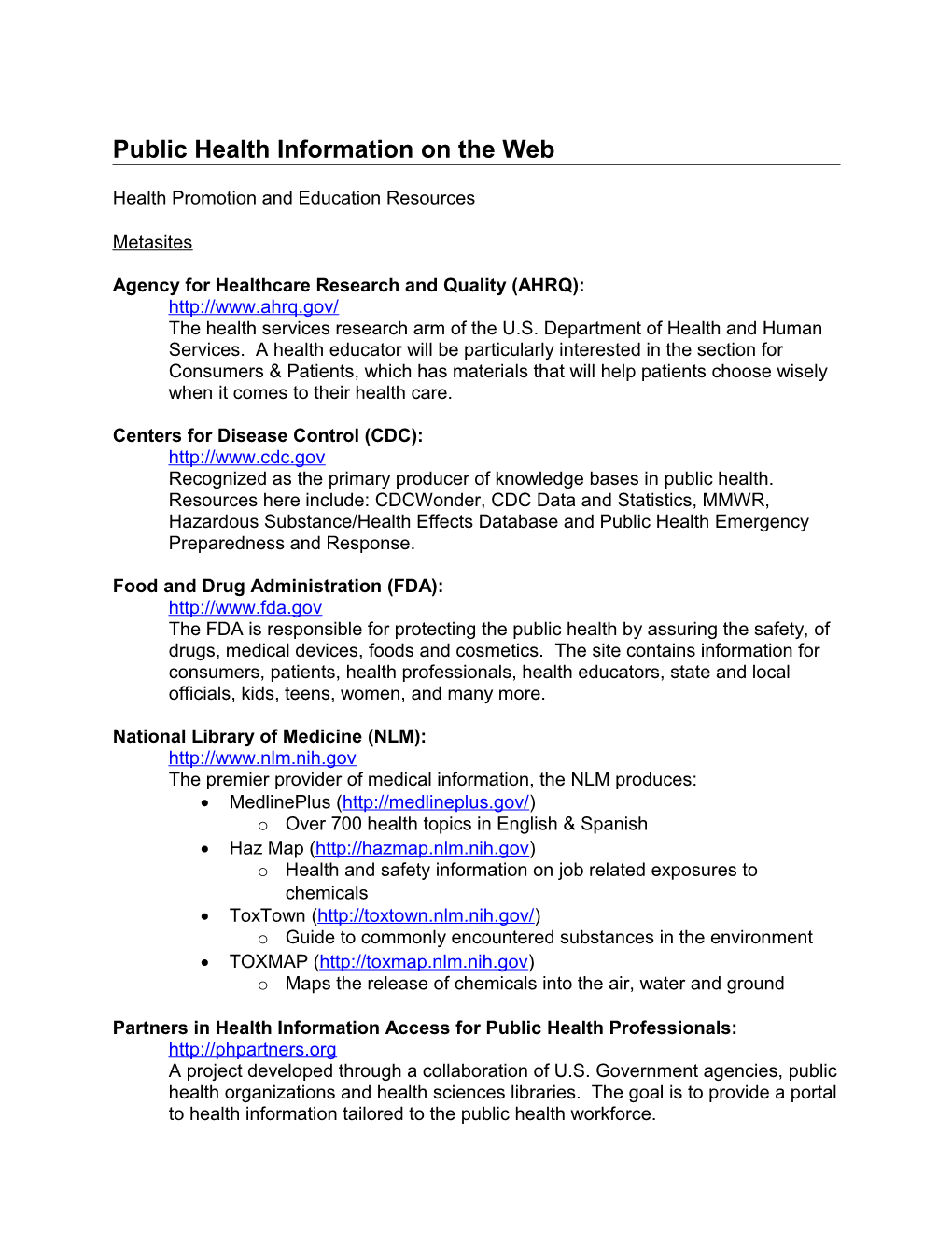 Public Health Information on the Web