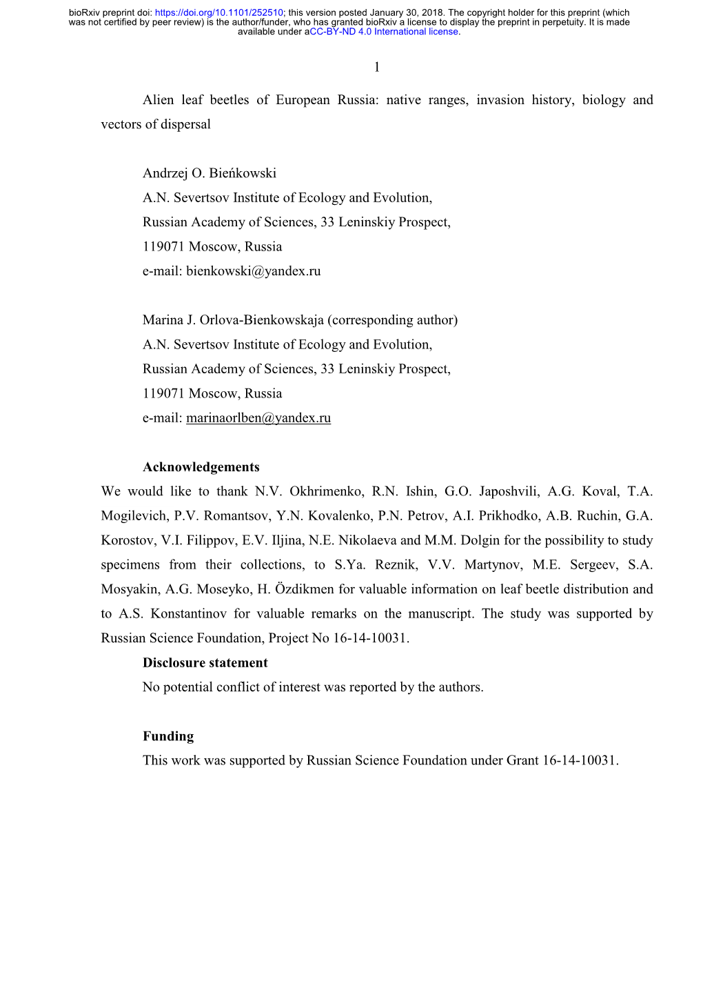 Alien Leaf Beetles of European Russia: Native Ranges, Invasion History, Biology and Vectors of Dispersal