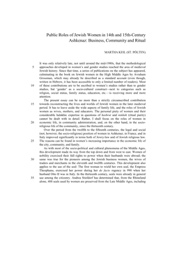 Public Roles of Jewish Women in 14Th and 15Th-Century Ashkenaz: Business, Community and Ritual
